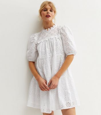 White Broderie Frill Tiered Mini Smock ...